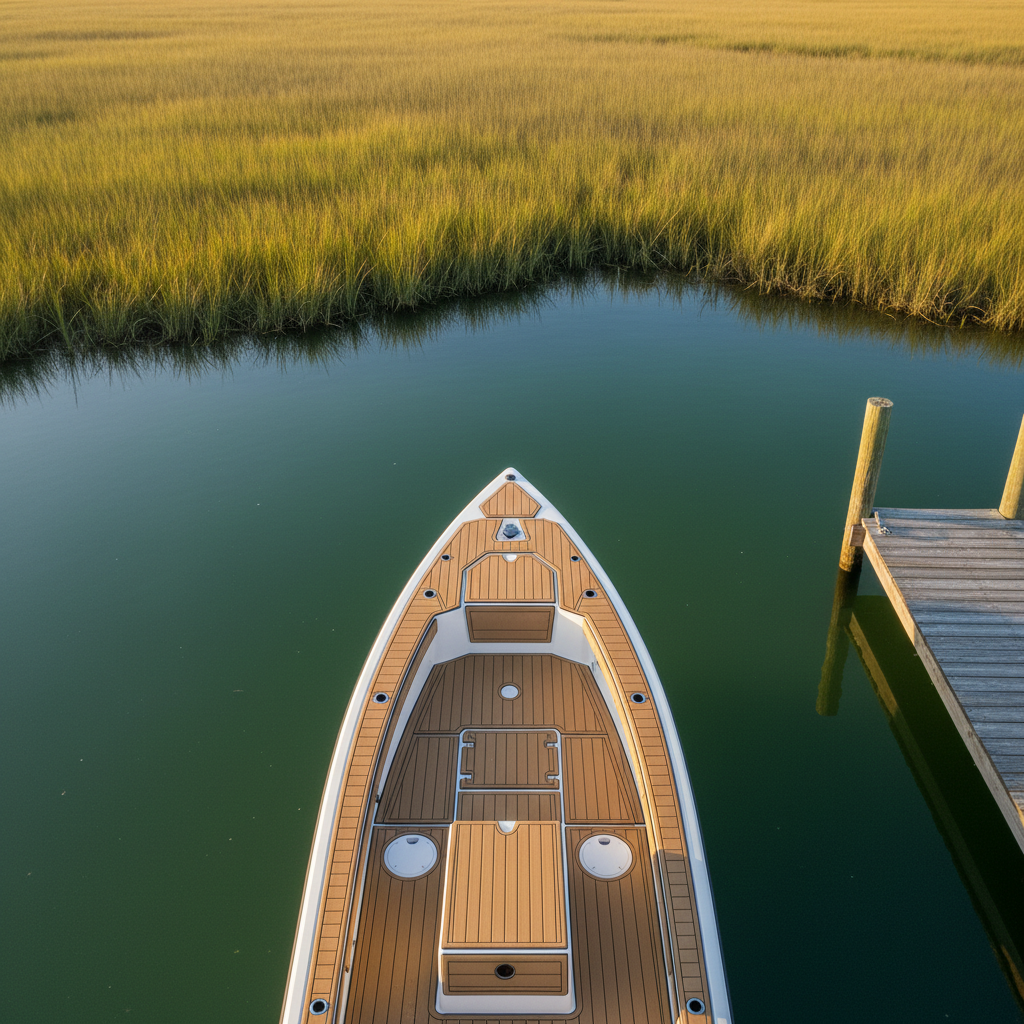 An inshore fishing boat viewed from a bird’s eye perspective, fully outfitted with coordinated marine flooring in a warm sand-tone palette that echoes the surrounding Lowcountry marsh. Each deck panel is outlined with clean, contrasting borders that trace around storage lids, livewell hatches, and step-ups. The boat floats on glassy, emerald-tinted water near a wooden dock and tall spartina grass. Early morning sunlight casts long, soft shadows and a gentle golden hue, emphasizing the geometry of the layout. Photographic realism with sharp focus across the frame, clean and modern composition, projecting a calm, upscale, coastal atmosphere and highlighting how the flooring unifies the entire vessel.
