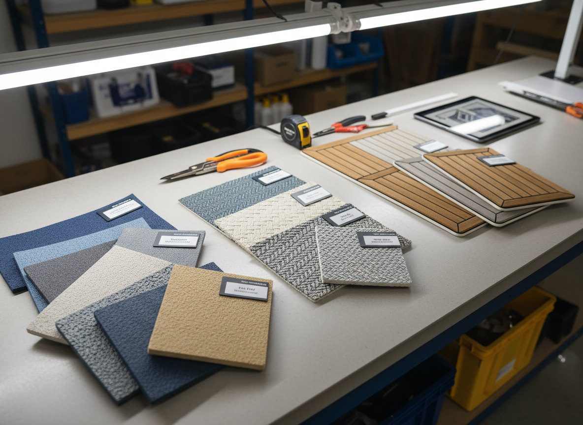 A tidy workbench scene inside a clean marine workshop, featuring neatly arranged samples of various marine flooring options: foam non-skid pads, woven vinyl swatches, and faux-teak panels in different colors. Each sample is labeled with subtle, professional tags and laid out on a smooth, neutral work surface. Precision cutting tools, a measuring tape, and a digital template tablet rest nearby, suggesting careful planning and customization. Overhead daylight-balanced shop lighting provides bright, even illumination with crisp shadows, highlighting textures and edges. Photographic realism, shot from an angled top-down view with sharp focus, conveying a professional, detail-oriented atmosphere and the wide range of flooring choices available.