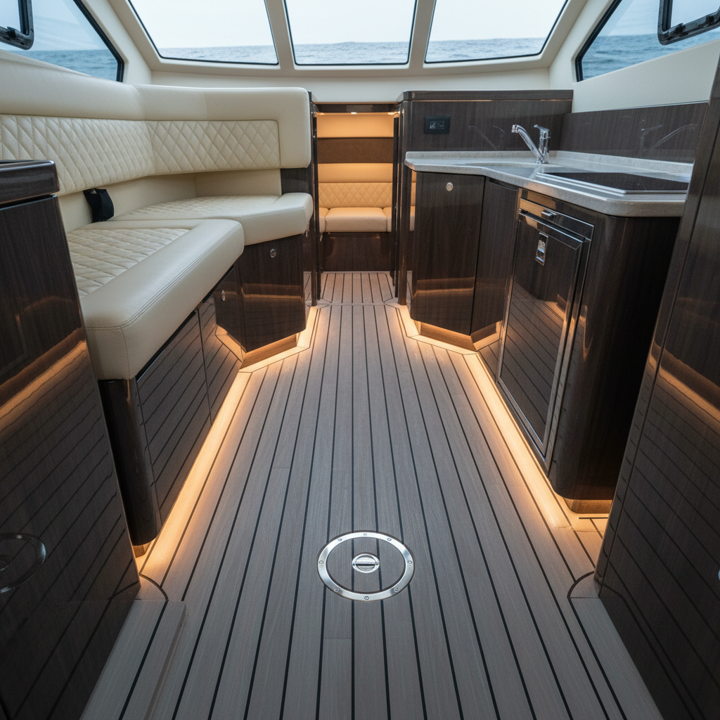 The interior of a high-end offshore boat cabin featuring custom marine flooring planks in a weathered gray faux-teak finish, running lengthwise to visually elongate the space. The planks have subtle grain detail and perfect alignment around built-in storage and a compact galley. Soft LED strip lighting under cabinetry casts a warm glow onto the floor, creating gentle reflections and enhancing the wood-like texture. A small hatch with a stainless latch is perfectly inlaid into the pattern. Photographic realism, shot from a low, slightly angled perspective toward the bow for depth. The mood is refined and comfortable, highlighting how marine flooring brings durability and yacht-like elegance to enclosed spaces.