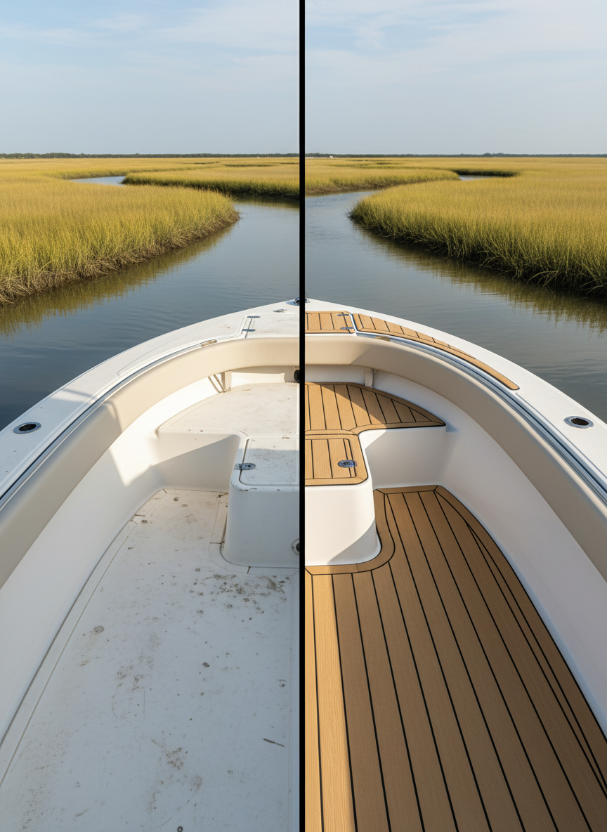 A before-and-after style deck composition on a split-screen boat image: the left half shows an older, plain white fiberglass deck with visible wear, while the right half reveals the same deck transformed with richly textured, tan-and-cream faux-teak marine flooring, perfectly fitting around lockers and step edges. The boat is docked along a Lowcountry creek with marsh grass and a distant horizon. Soft midday sunlight keeps both sides evenly lit, making the contrast in appearance and refinement obvious. Photographic realism with symmetrical composition and sharp detail, creating a clear, professional visual narrative of how upgraded marine flooring revitalizes and modernizes a vessel.